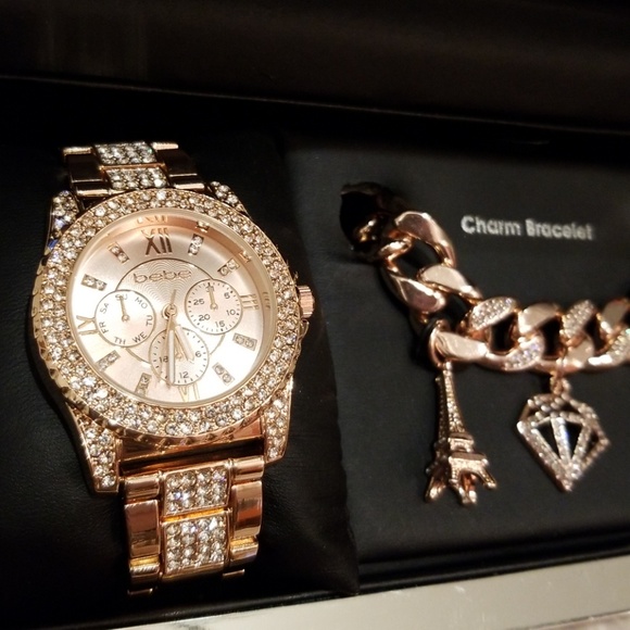 Bebe Accessories Bebe Rose Gold Watch And Charm Bracelet Poshmark